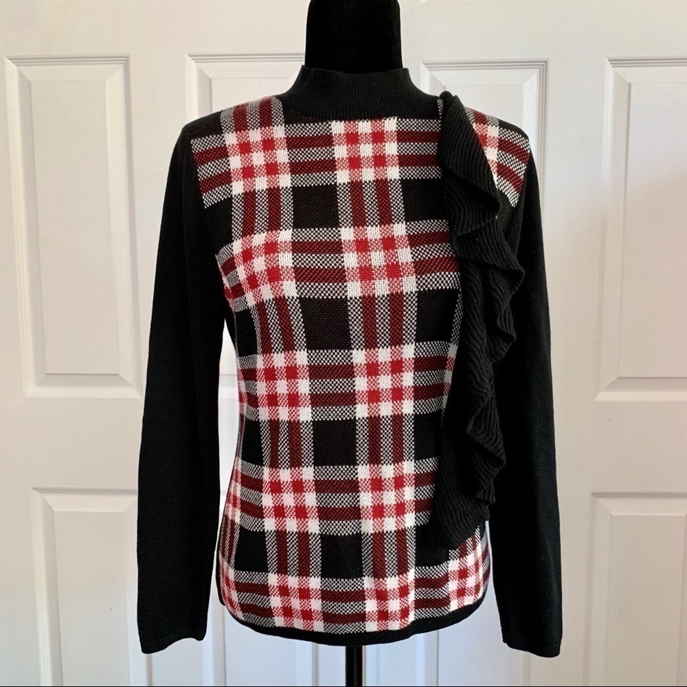 Heather B Red plaid sweater with Ruffle detail